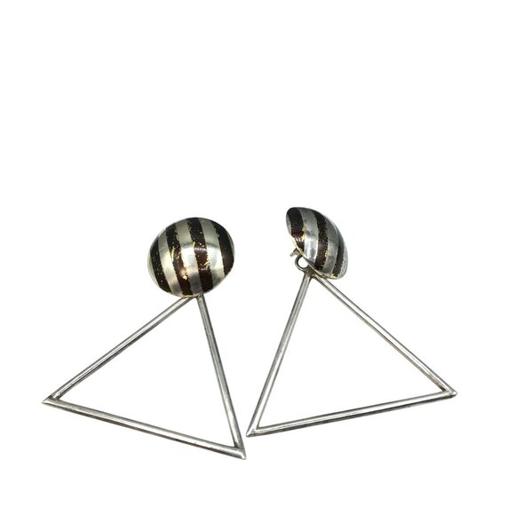 Retro Statement Geometric Dangle Earrings, Signed Artisan Leslie, Sterling Silve - Picture 4 of 7